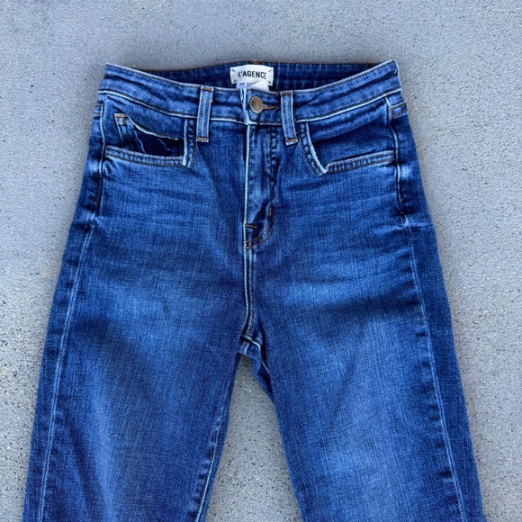 L'AGENCE Women Size 24 Dark Wash Distressed Knee High Rise Straight Leg Jeans - Picture 3 of 8